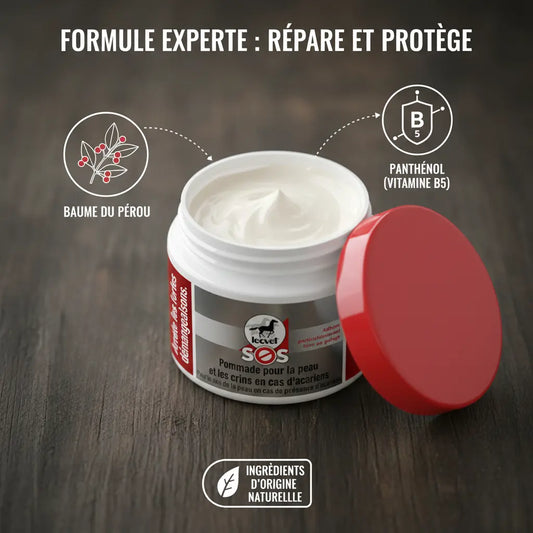Ingrédients Baume SOS Leovet : Baume du Pérou et Panthénol pour régénérer la peau du cheval.