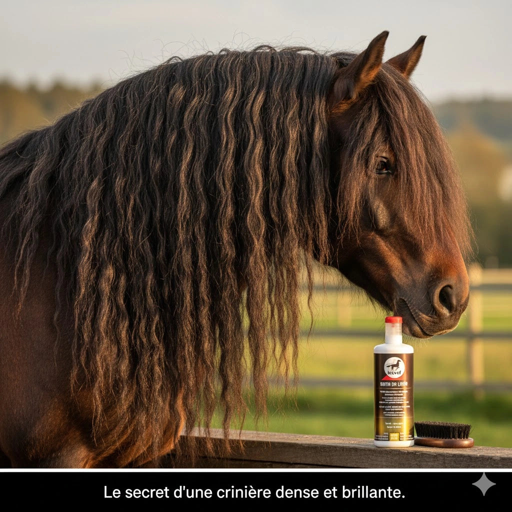 Gros plan sur une crinière epaisse de cheval , signe d'une qualité de crin forte grâce au Leovet Biotin ZM Liquide.