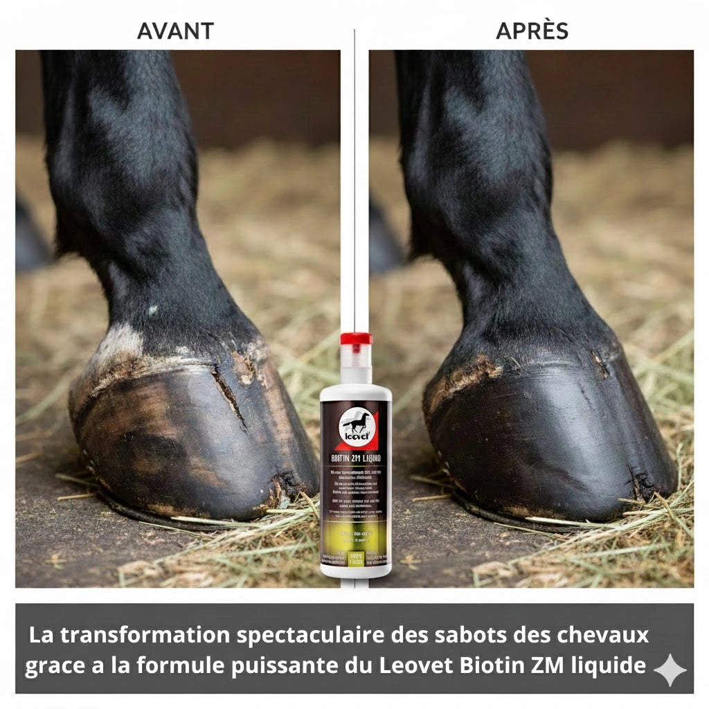 Gros plan sur un sabot de cheval sain et brillant, signe d'une corne forte et bien entretenue grâce au Leovet Biotin ZM Liquide.