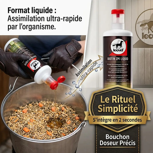 Administration facile de biotine liquide Leovet dans la ration du cheval.