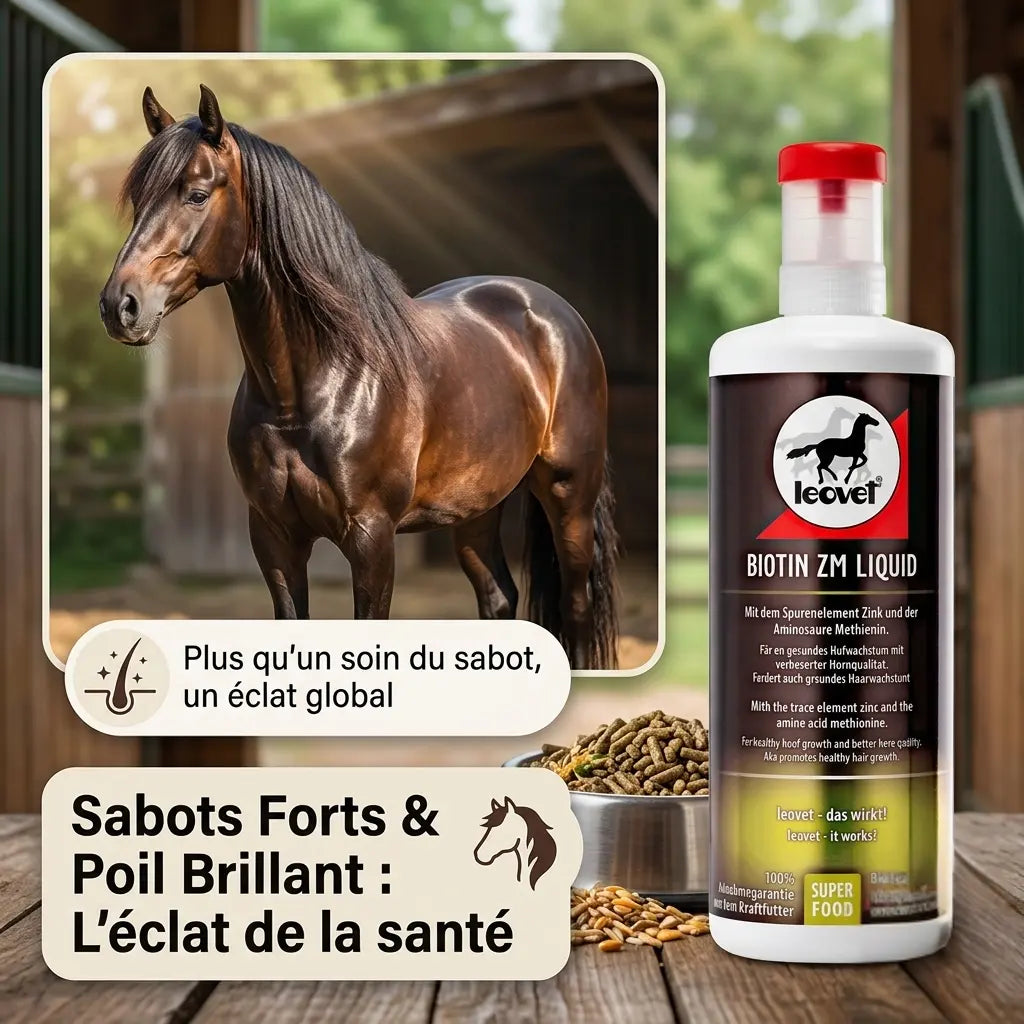 Cheval à la robe brillante et crins sains après cure de biotine et zinc.