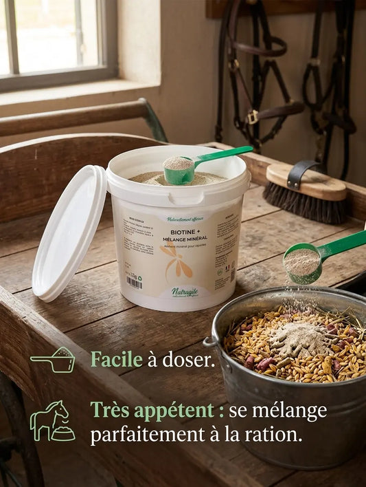 Poudre biotine Nutragile avec dosette pour complémentation cheval facile.