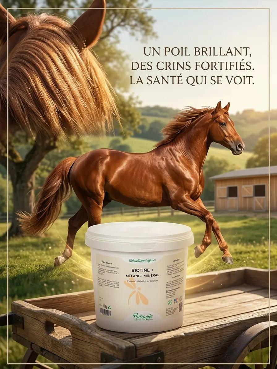 Cheval au poil brillant et crins longs grâce à la biotine Nutragile.