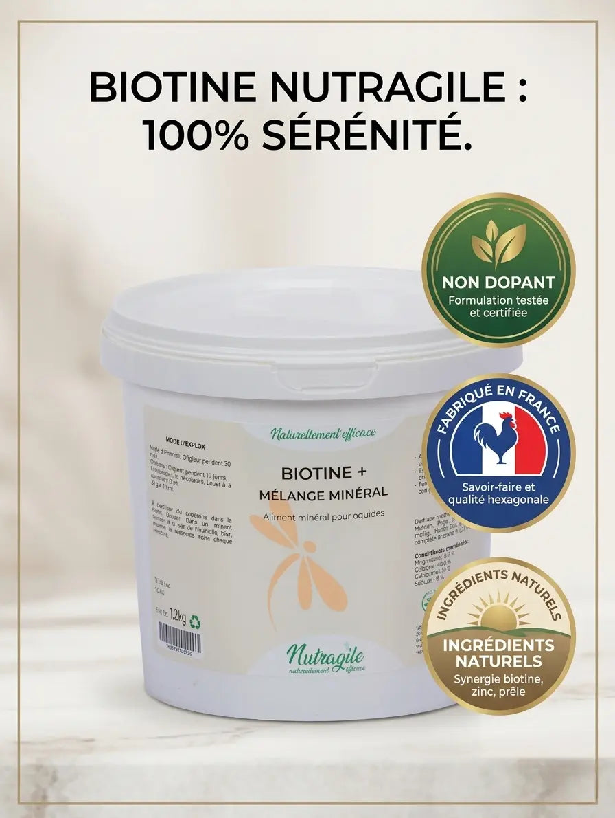 Complément biotine non dopant Nutragile pour cheval de compétition.