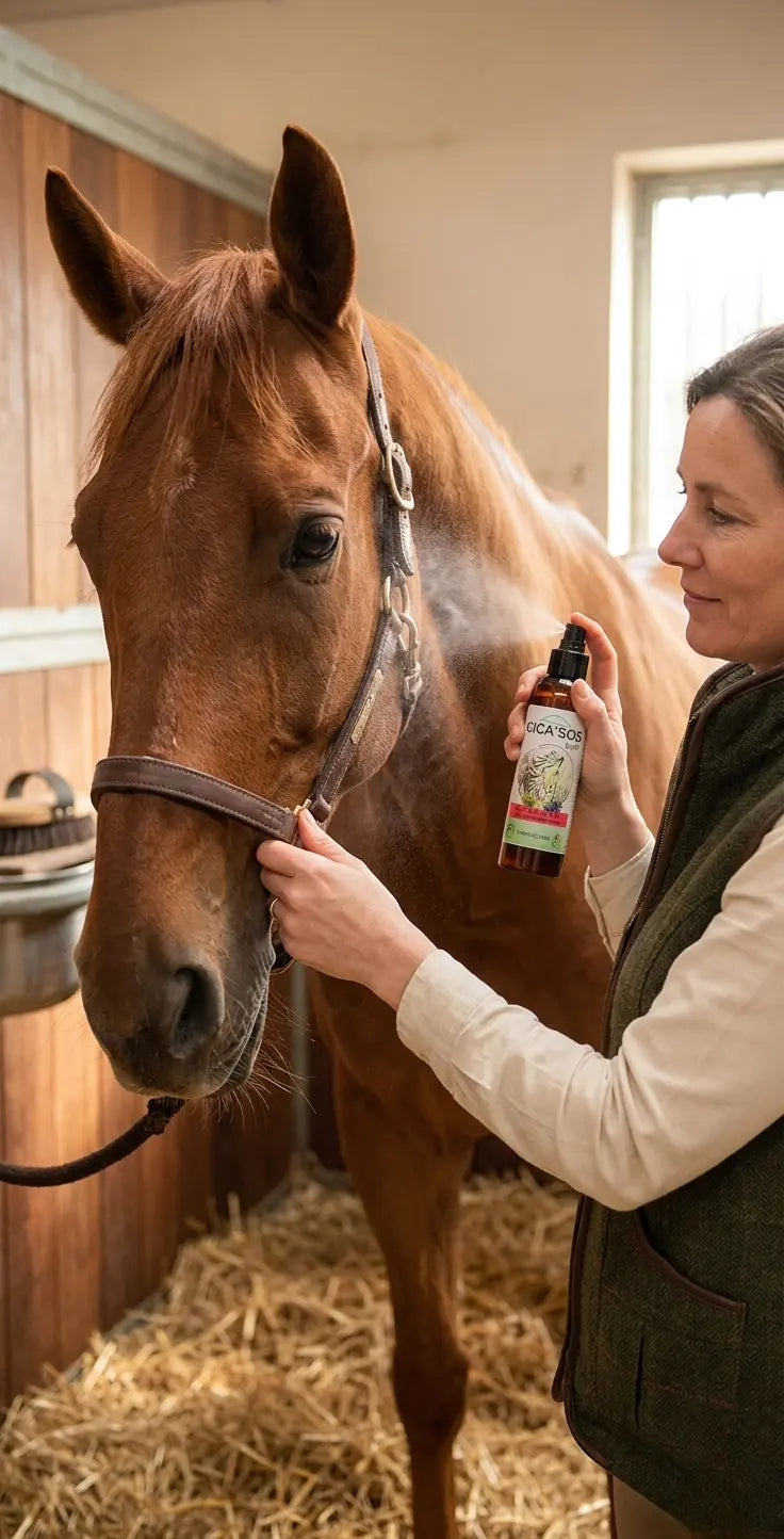 Brume fine et douce de CICA'SOS EOL pour une application cicatrisante précise et apaisante sur la peau du cheval.