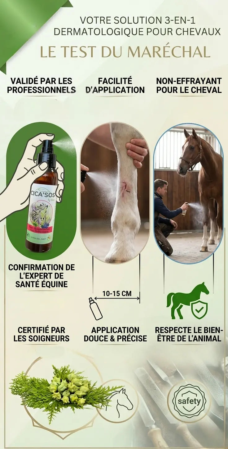 Soigneur appliquant le spray CICA'SOS sur un cheval calme dans une écurie. Soin dermatologique doux pour chevaux.