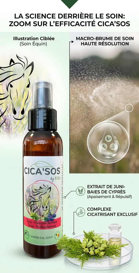 Photo comparative avant/après cicatrisation d'une lésion dermatologique sur un cheval avec le spray CICA'SOS EOL.