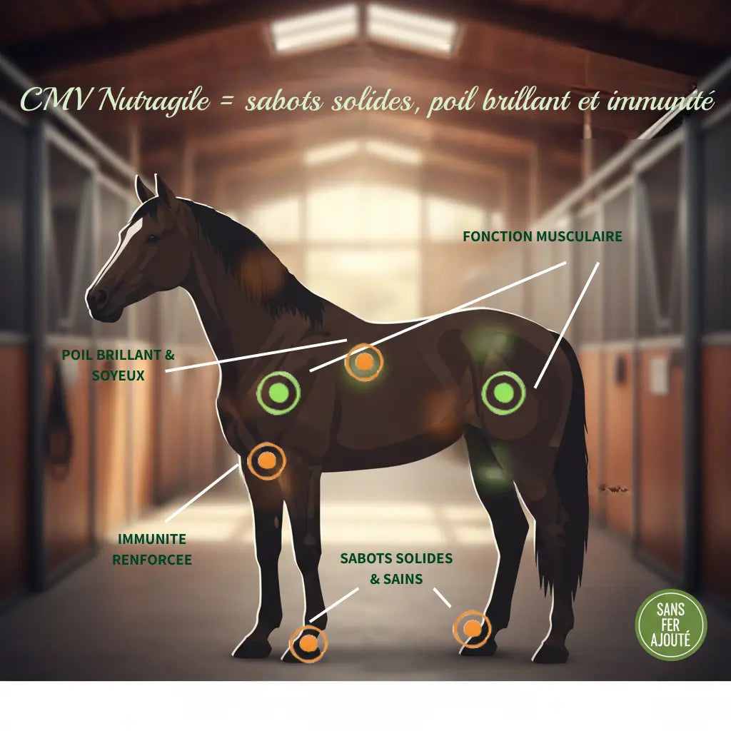 Schéma bénéfices CMV cheval : sabots solides, poil brillant et immunité.