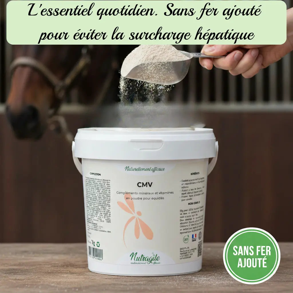 CMV Nutragile : vitamines et minéraux essentiels sans fer pour cheval.