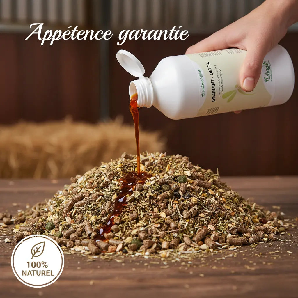 Complément détox liquide facile à mélanger à la ration du cheval.