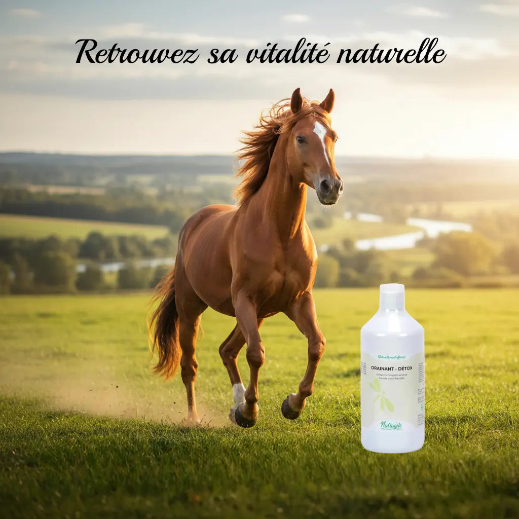 Cheval en pleine forme galopant après une cure détox Nutragile.