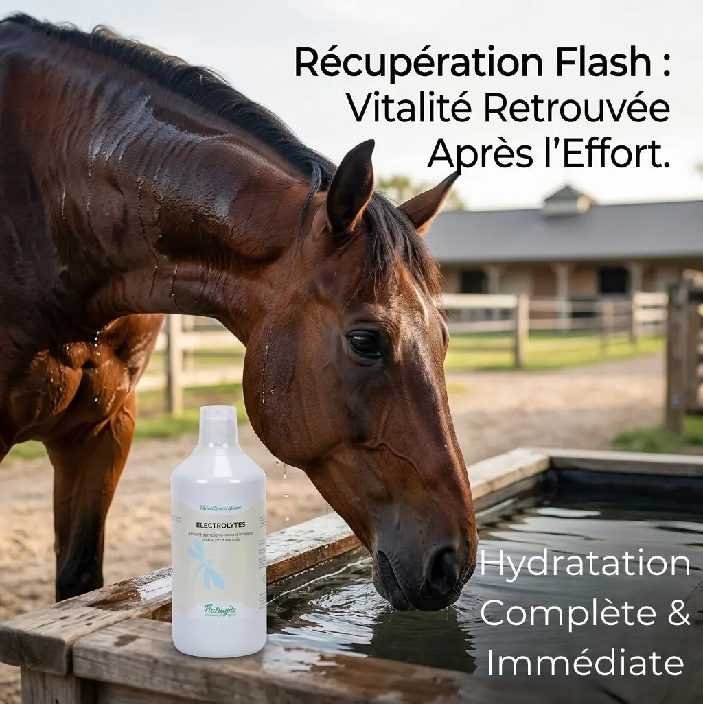 Electrolytes liquides Nutragile pour récupération rapide du cheval après sport.