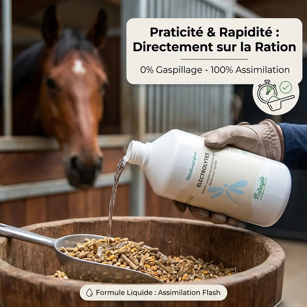 Dosage facile electrolytes liquides Nutragile sur ration de granulés cheval.