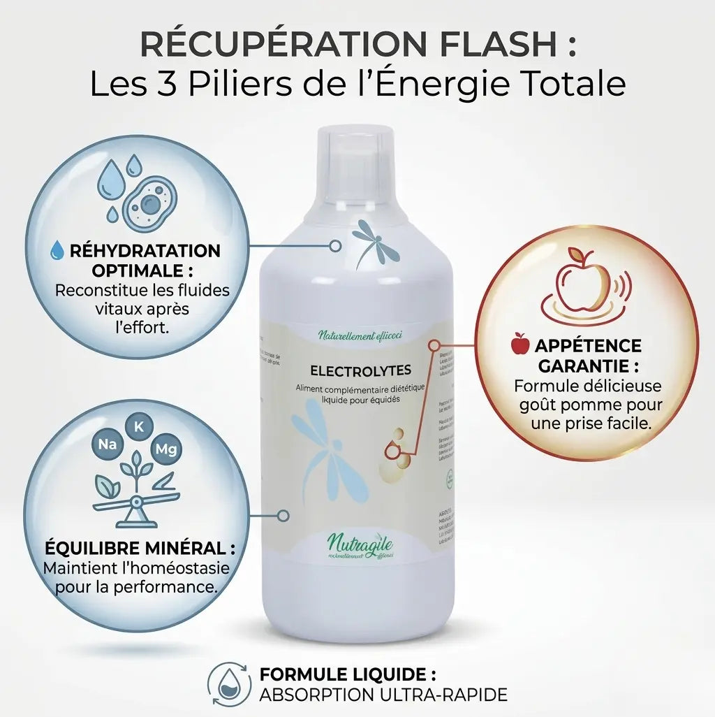 Infographie bienfaits electrolytes Nutragile : hydratation et minéraux cheval.