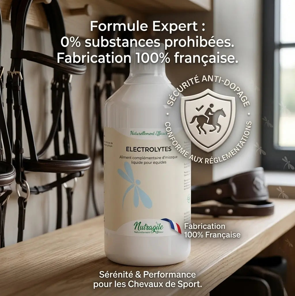 Electrolytes Nutragile non dopant pour chevaux de compétition, fabriqué en France.