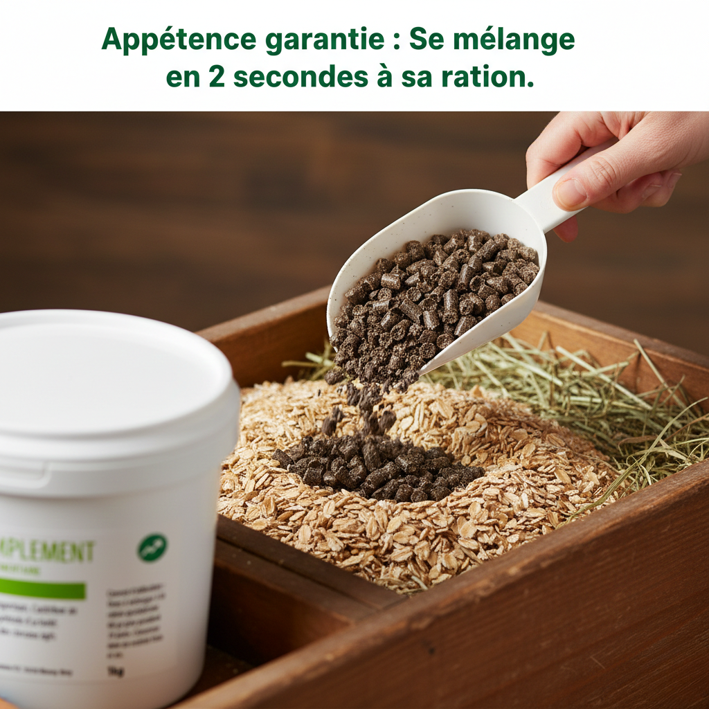 Zoom sur les granulés CMV EquiComplément versés dans la mangeoire pour une prise facile.