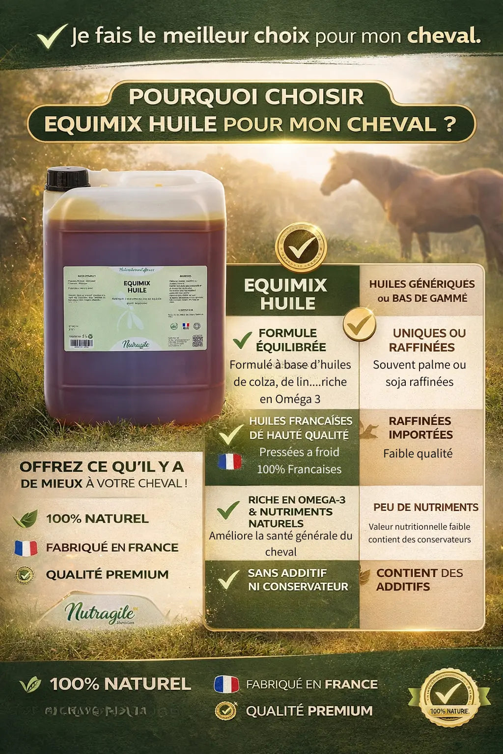 Tableau comparatif entre huile cheval standard et Equimix Nutragile.