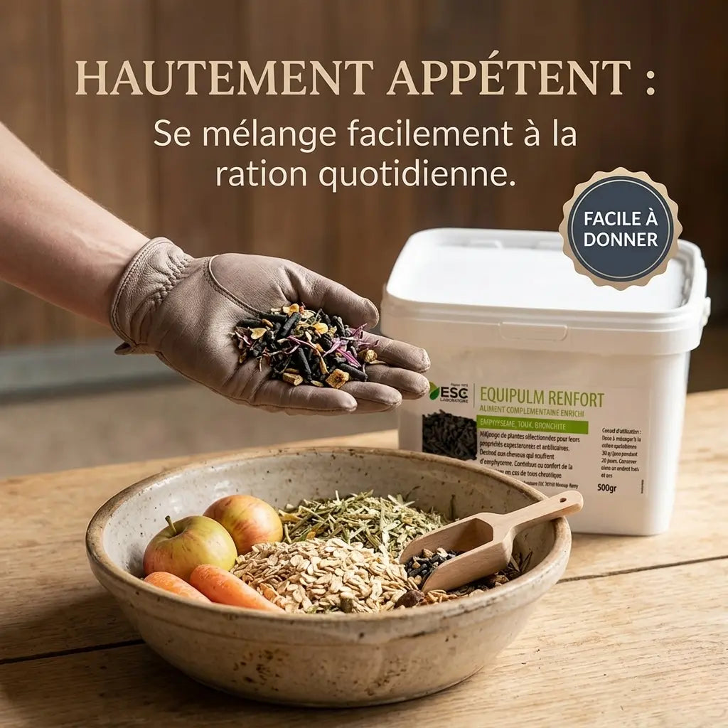 Granulés Equipulm Renfort dans la main, facile à donner au cheval.