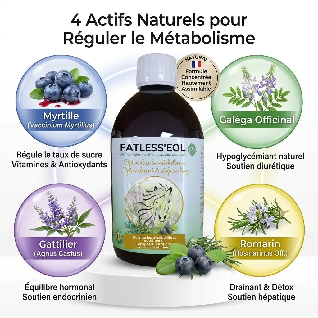 Infographie des plantes naturelles du complément Fatless EOL pour métabolisme cheval