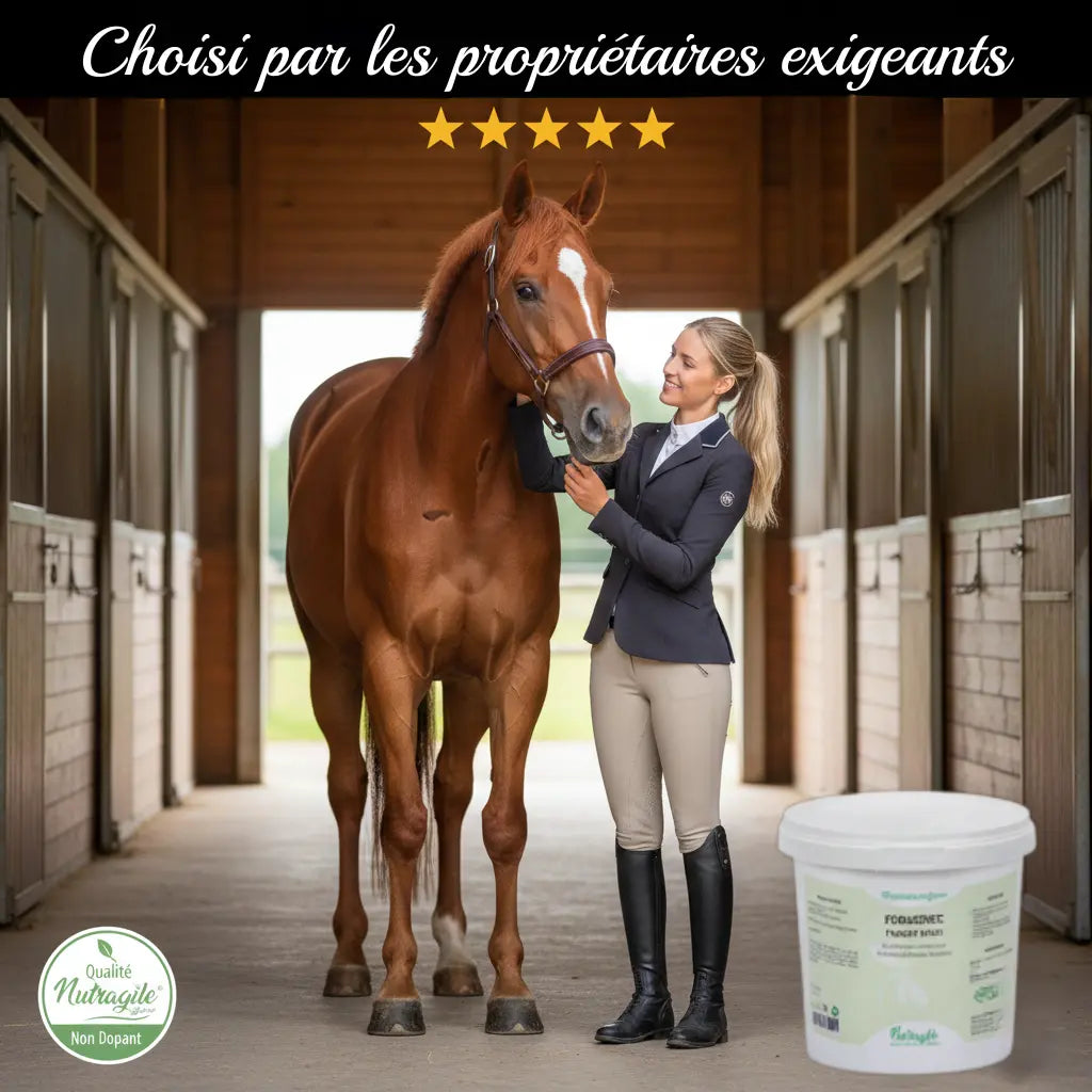 Cavalier satisfait de la forme de son cheval grâce au Fenugrec