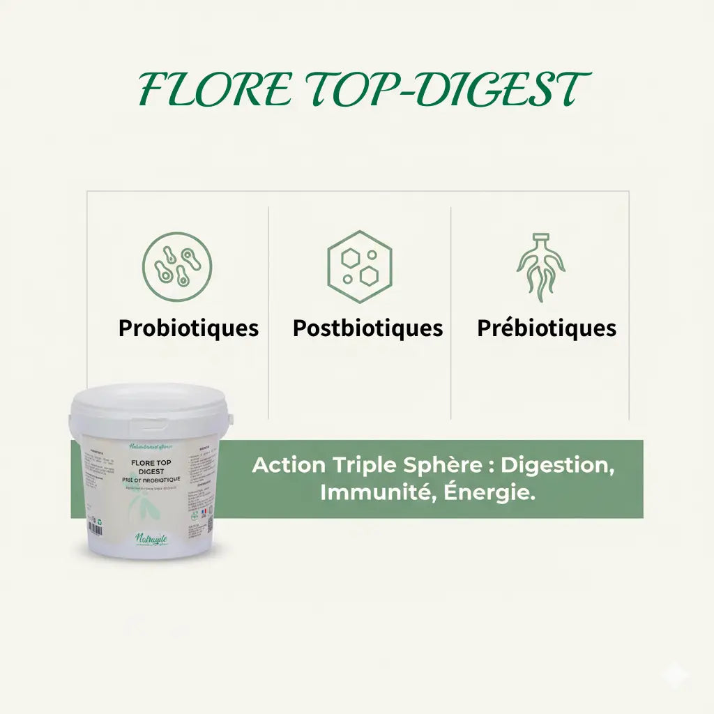 Schéma des 3 actifs (pro, pré et postbiotiques) du Flore Top Digest Nutragile.