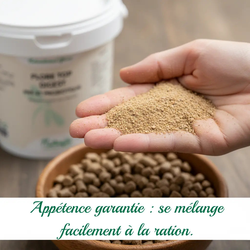 Zoom sur la texture du complément Flore Top Digest mélangé à une ration de granulés.