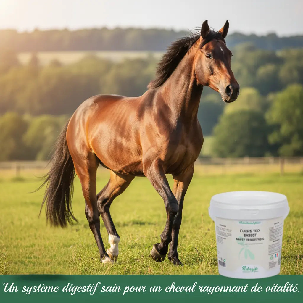 Cheval en pleine santé grâce au complément de probiotiques Nutragile.
