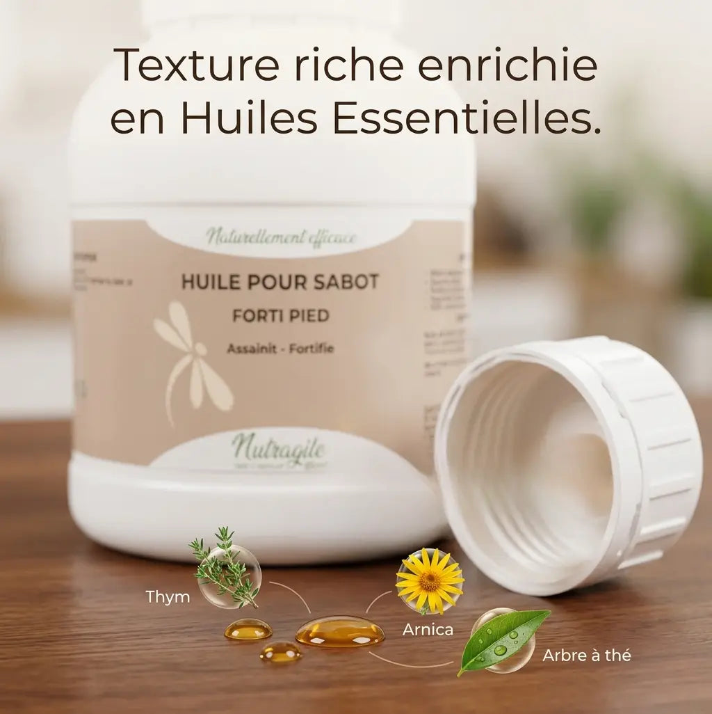 Infographie bienfaits huile Forti'Pied : assainissant et protecteur sabot.