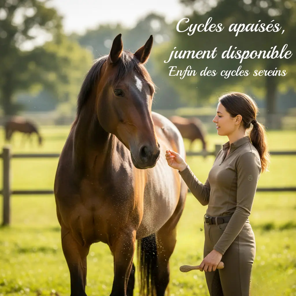 Jument calme au pré bénéficiant du framboisier Nutragile pour son confort hormonal.