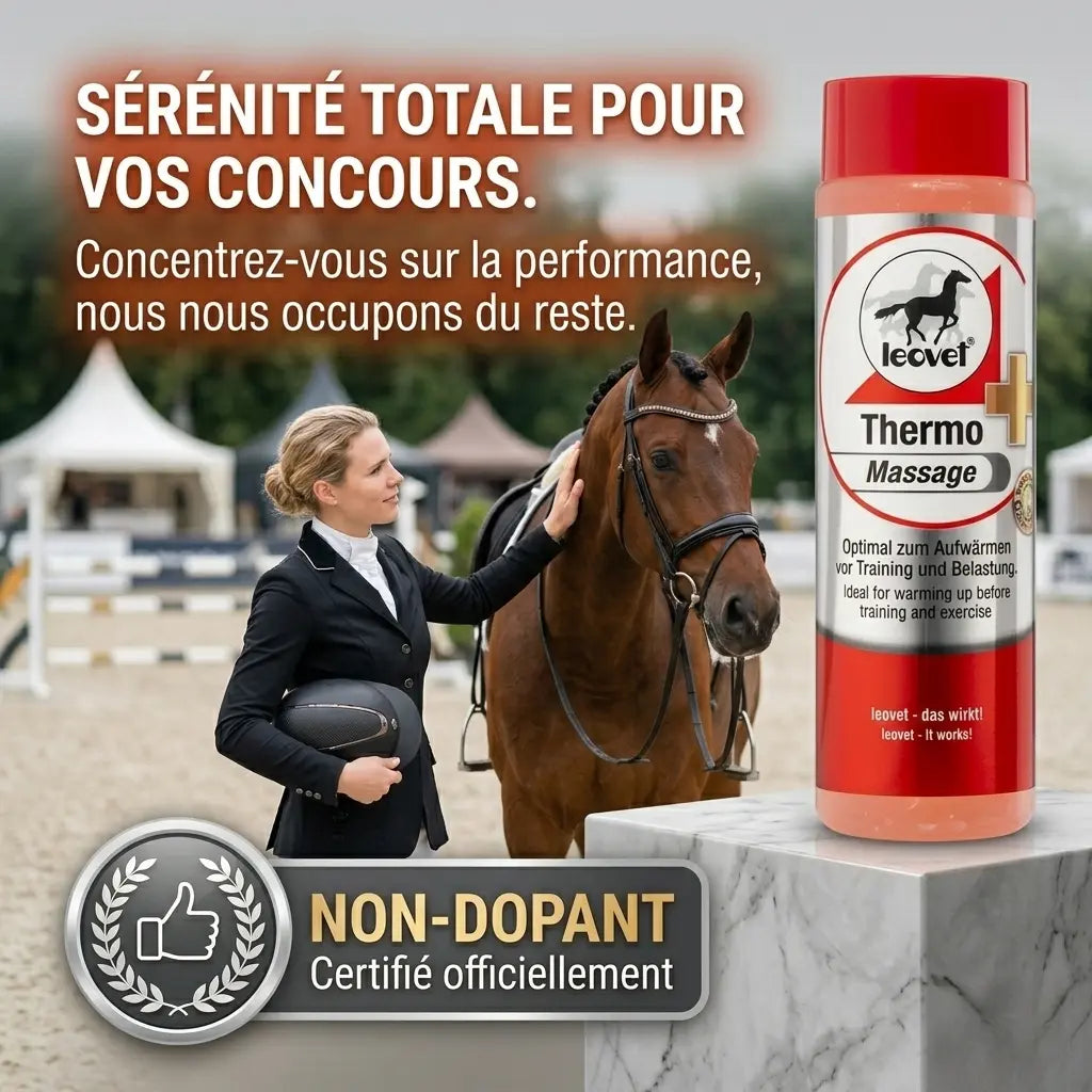 Gel de massage cheval non-dopant Leovet pour cavaliers de compétition.