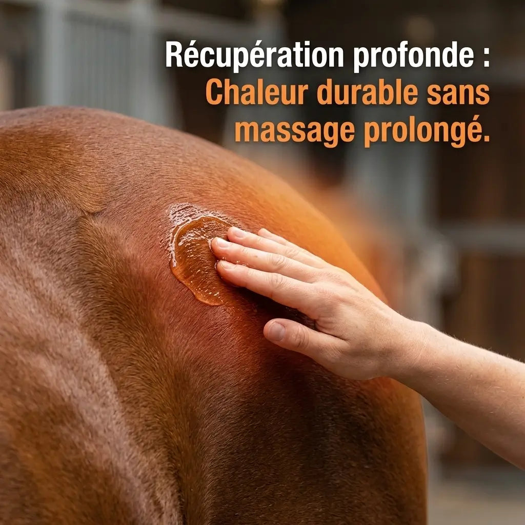 Gel chauffant Leovet pour massage musculaire cheval après effort.