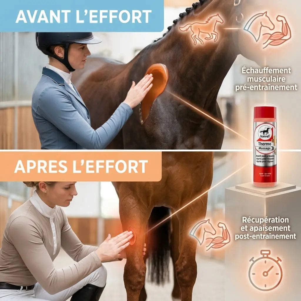 Utilisation gel chauffant Leovet : échauffement et récupération cheval.