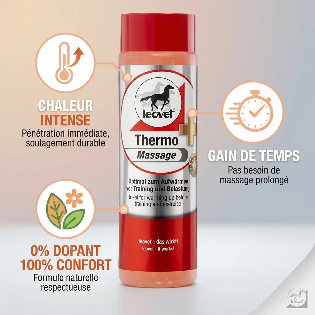 Infographie gel thermo-massage cheval Leovet : efficacité et naturel.