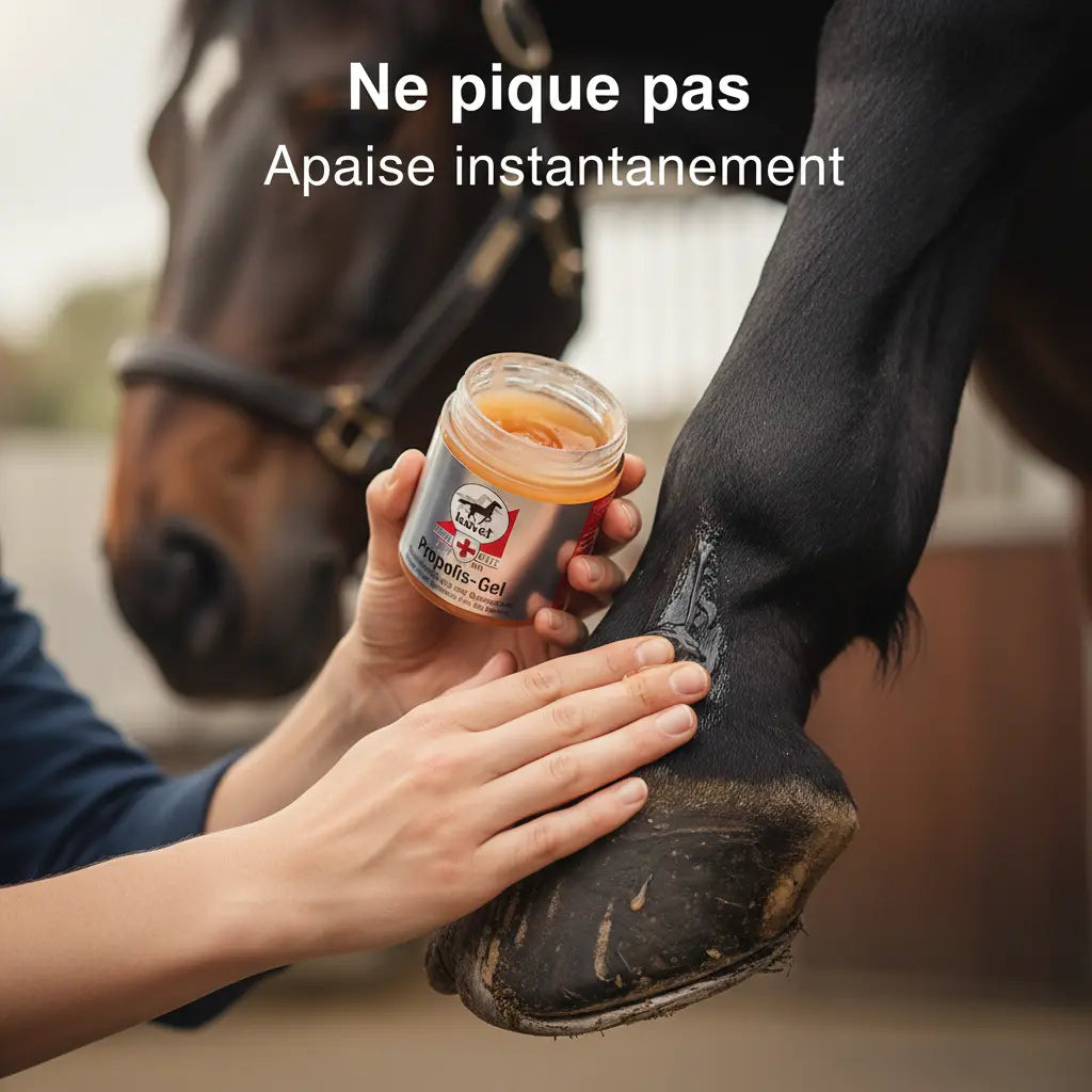 Application douce du gel propolis Leovet sur la peau sensible du cheval.