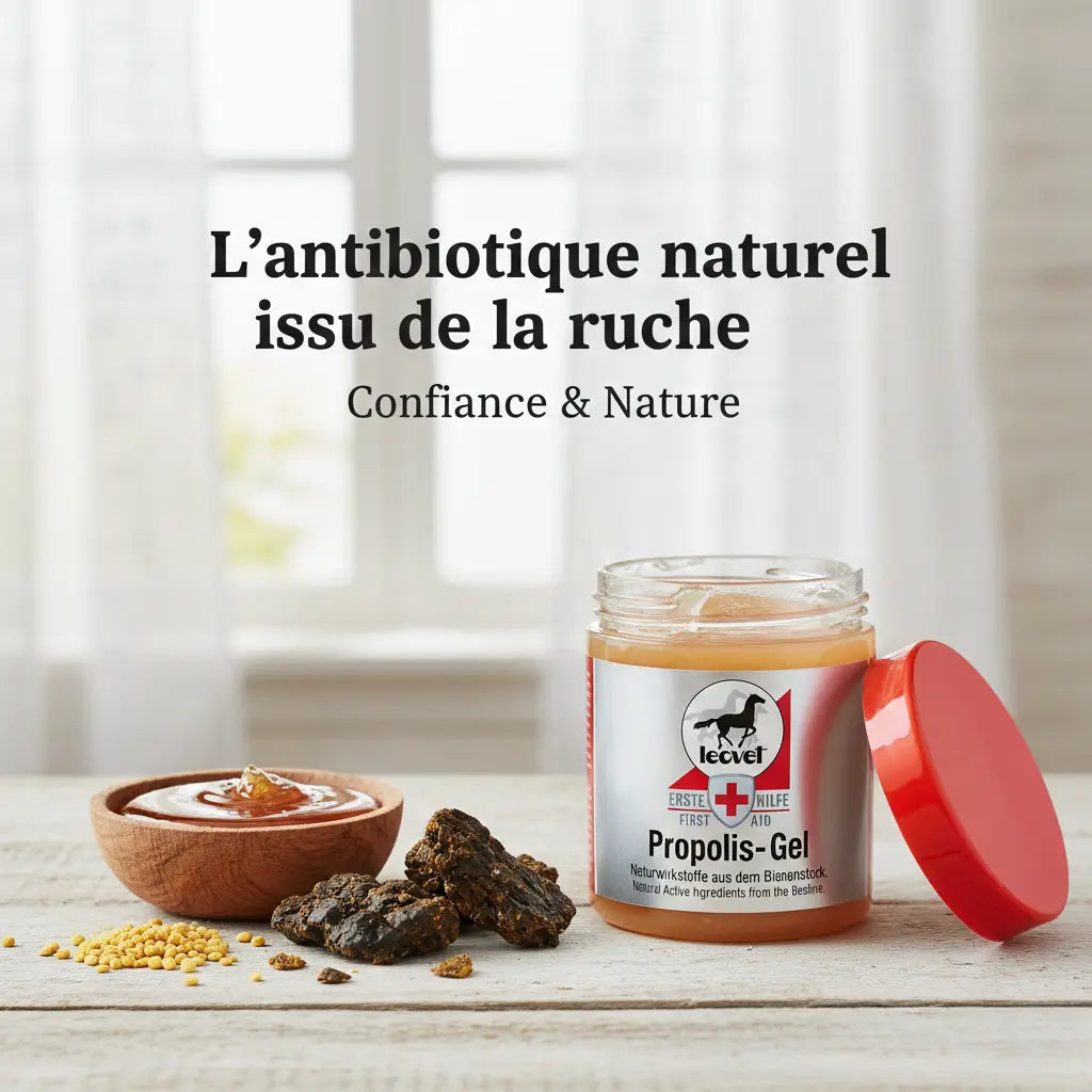 Ingrédients naturels propolis et miel pour soin cutané cheval Leovet.