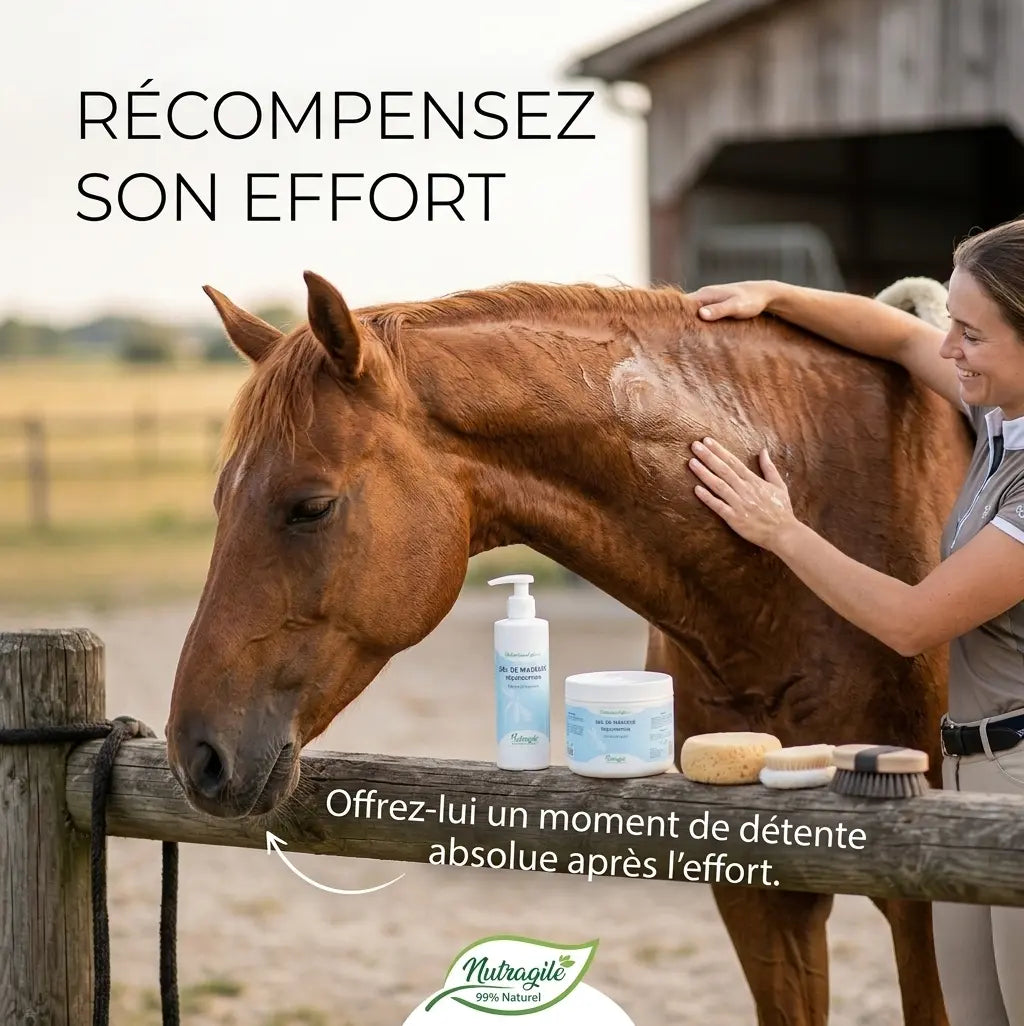 Cavalier massant son cheval avec le gel Nutragile pour un moment de bien-être.