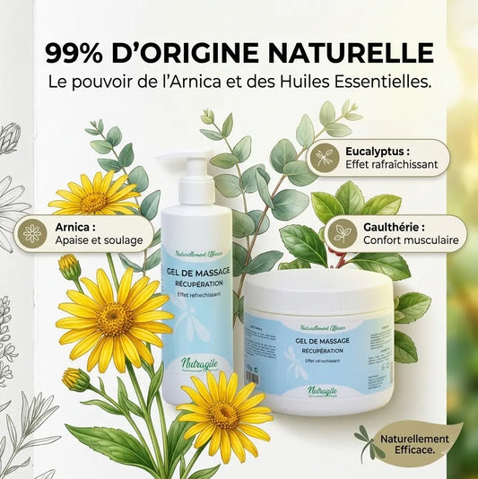 Composition naturelle du gel de massage équin Nutragile à l'Arnica et Gaulthérie.