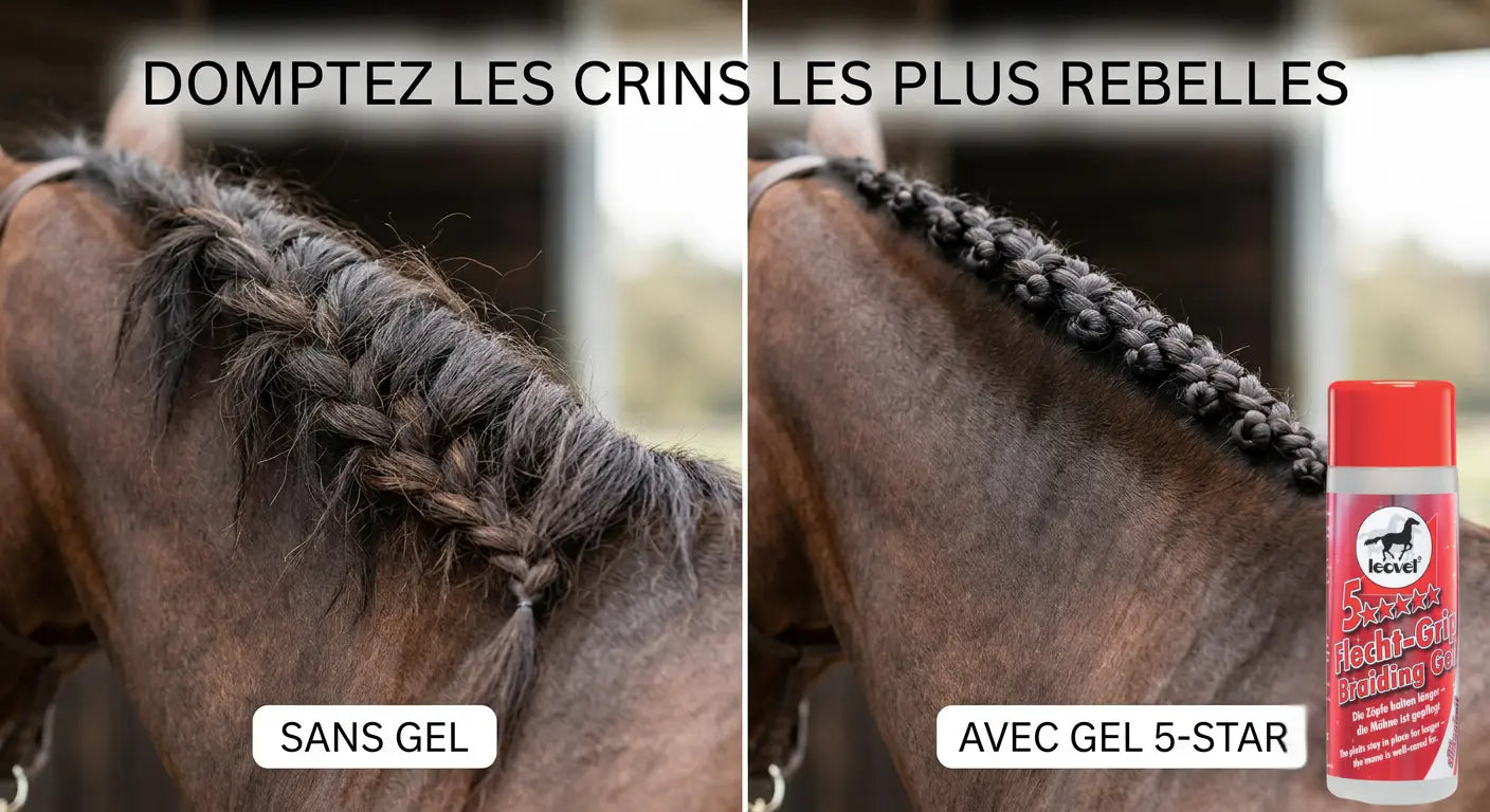 Avant-après du Gel de tressage Leovet montrant des pions parfaits, nets et lisses sur la crinière d'un cheval.