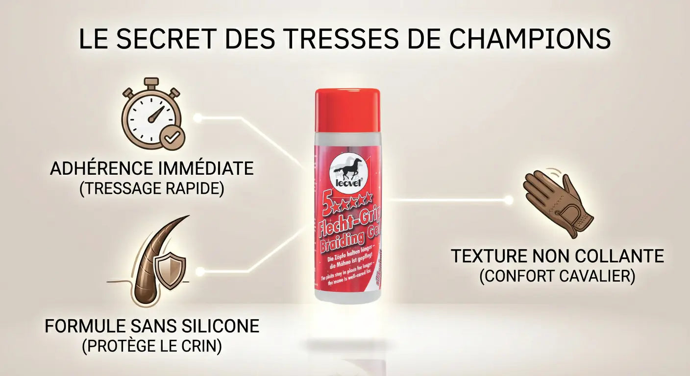 Infographie du gel à natter Leovet : fixation longue durée, sans silicone et formule non collante.