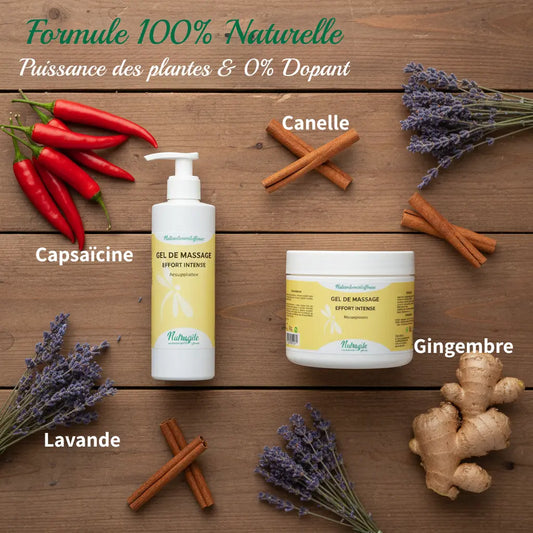 Composition naturelle du gel Nutragile : capsaïcine, cannelle et arnica.