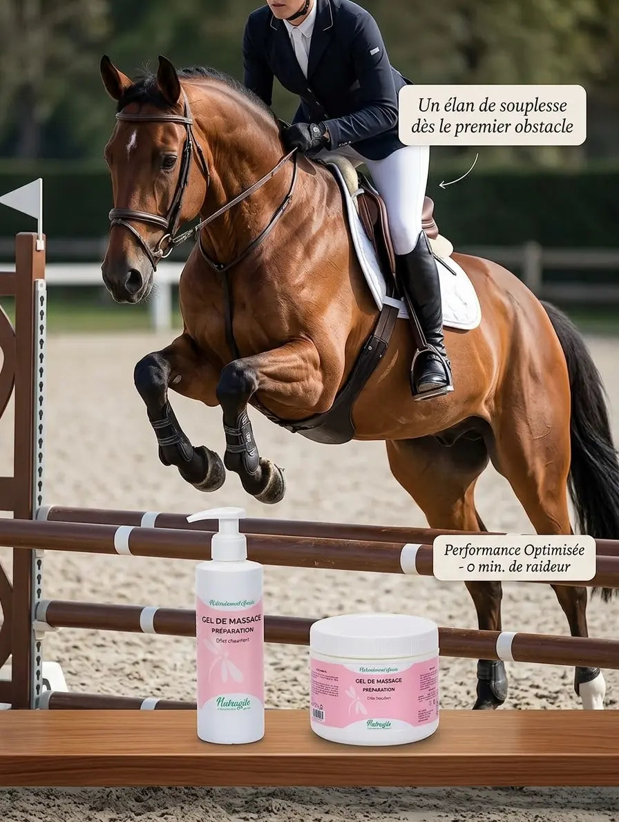 Cheval souple et échauffé grâce au gel de massage musculaire Nutragile.