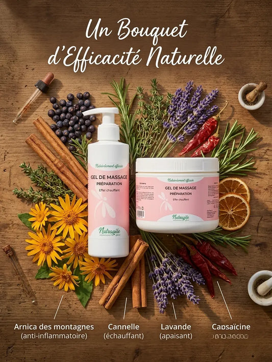 Ingrédients naturels du gel de massage Nutragile : Arnica, Cannelle et Lavande