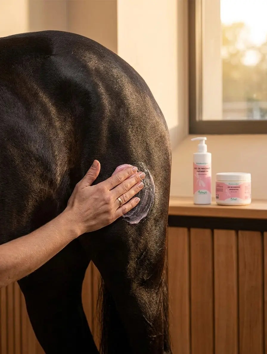 Application du gel de massage Nutragile non gras sur l'épaule d'un cheval.
