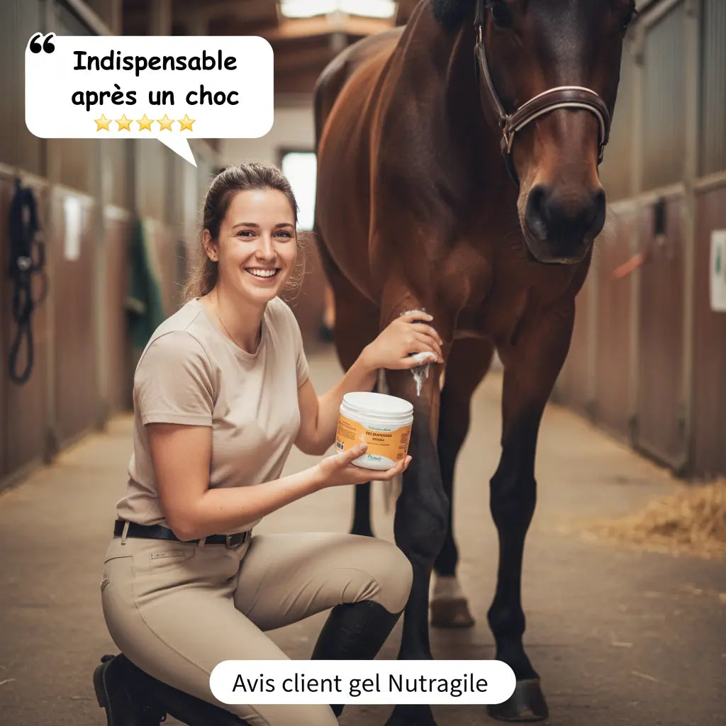 Avis client gel Nutragile : soin efficace pour membres et dos du cheval.