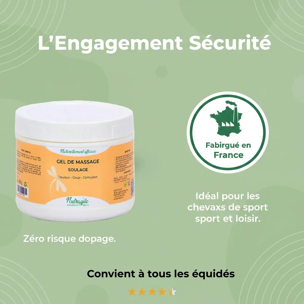 Gel de massage cheval non dopant fabriqué en France pour la compétition.