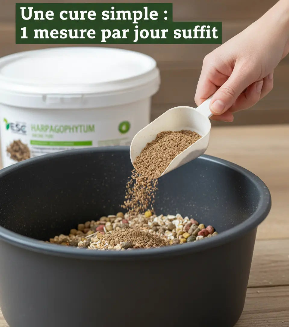 Guide de dosage facile de l'Harpagophytum ESC pour la ration quotidienne du cheval.