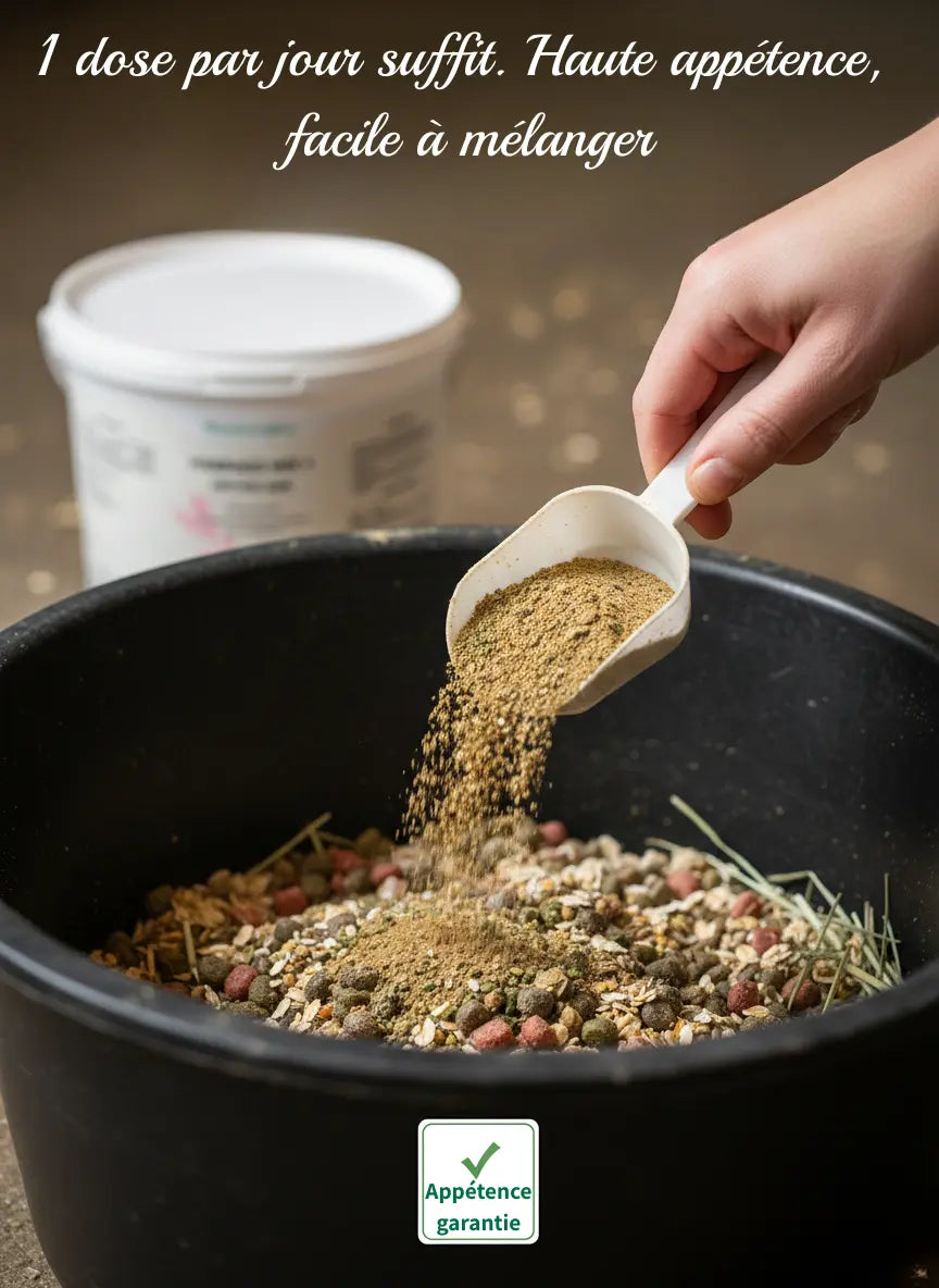 Dosage facile complément Harpago Mix Nutragile dans la ration cheval.