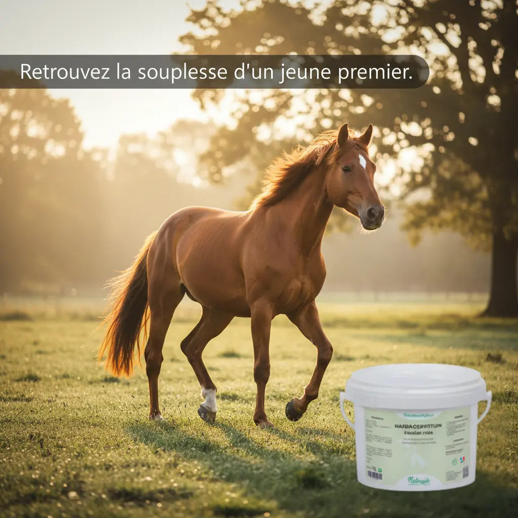 Cheval au galop souple grâce à l'Harpagophytum Nutragile pour articulations.