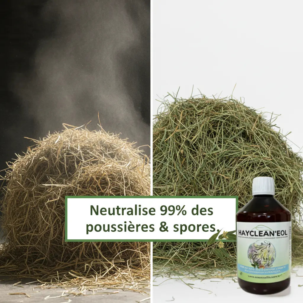 Avant-après HayCleanEol : foin dépoussiéré pour cheval emphysémateux.