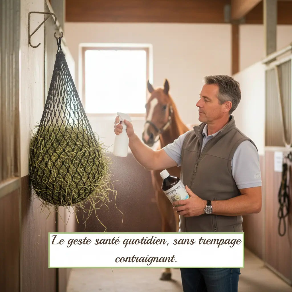 Utilisation facile du purificateur de foin HayCleanEol en écurie.